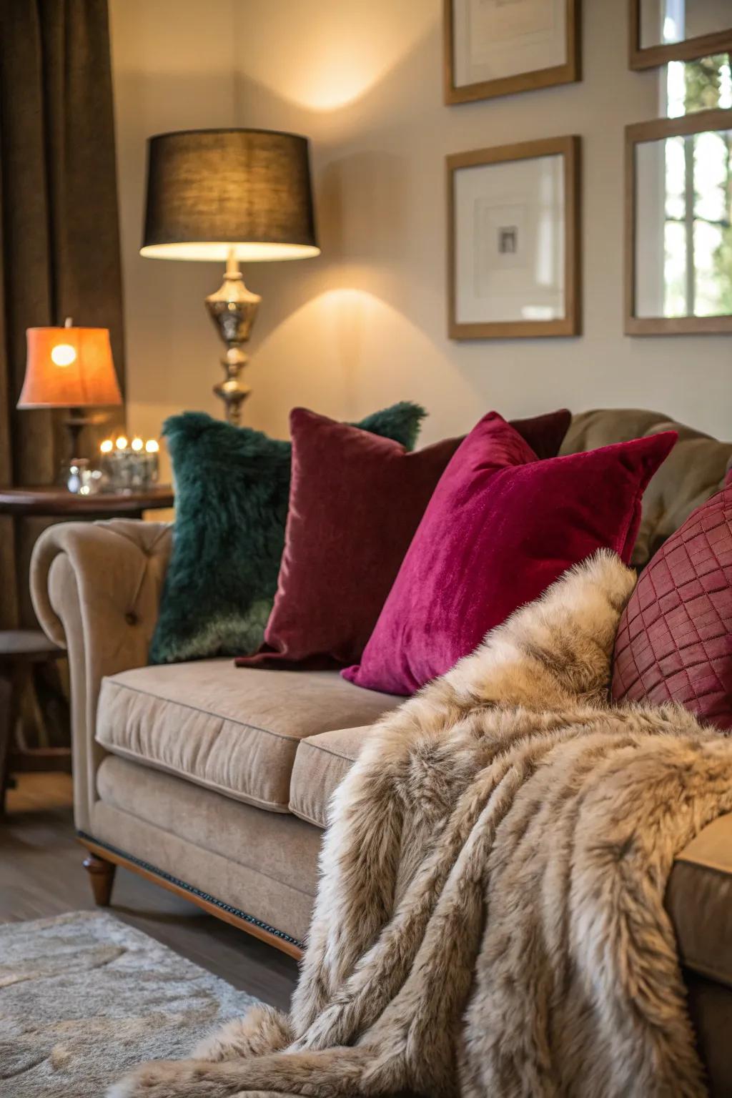 Comfortable materials such as velvet and synthetic fur in a calmly lit living room.