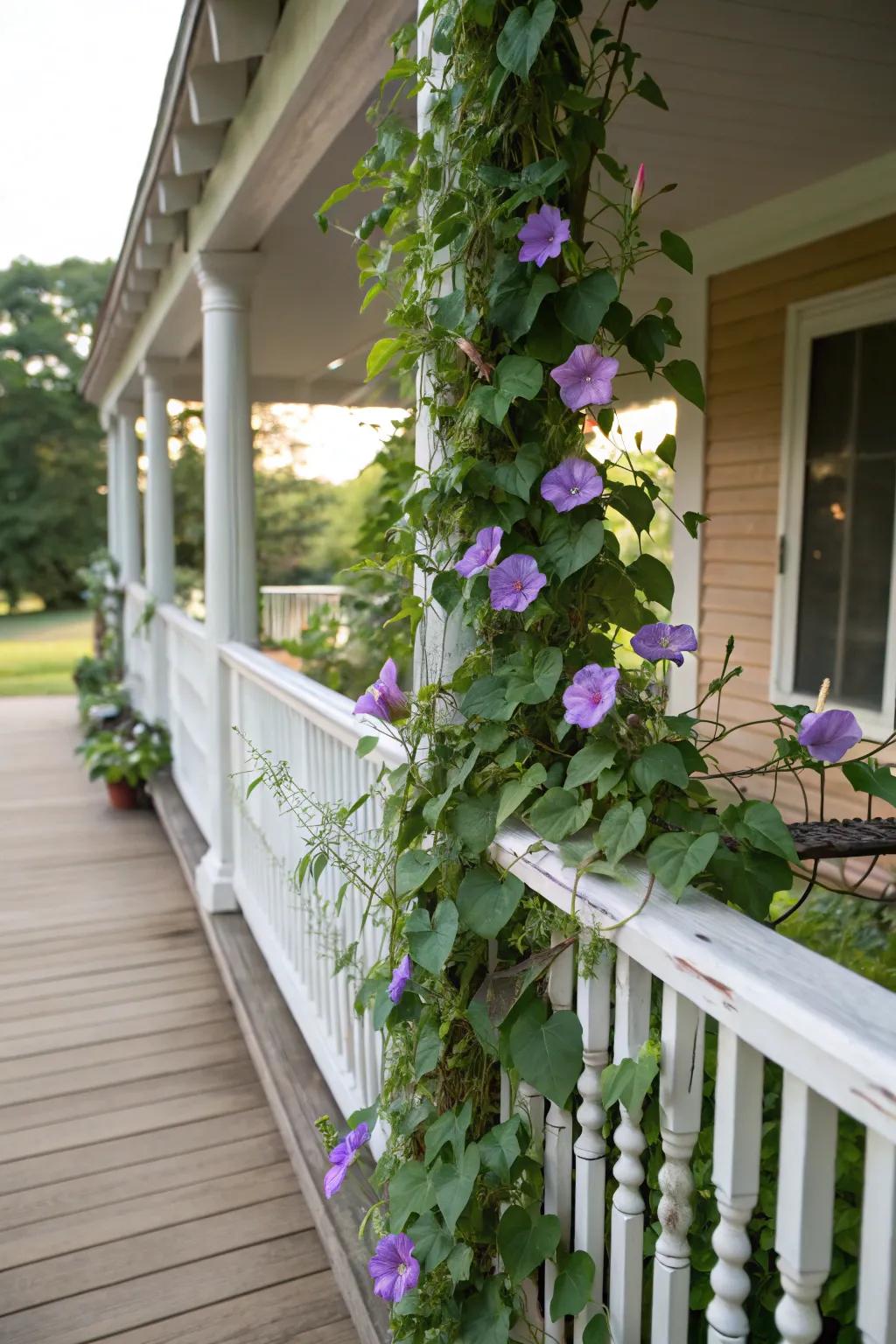 Morning glory vines beautifully embellishing porch railings.