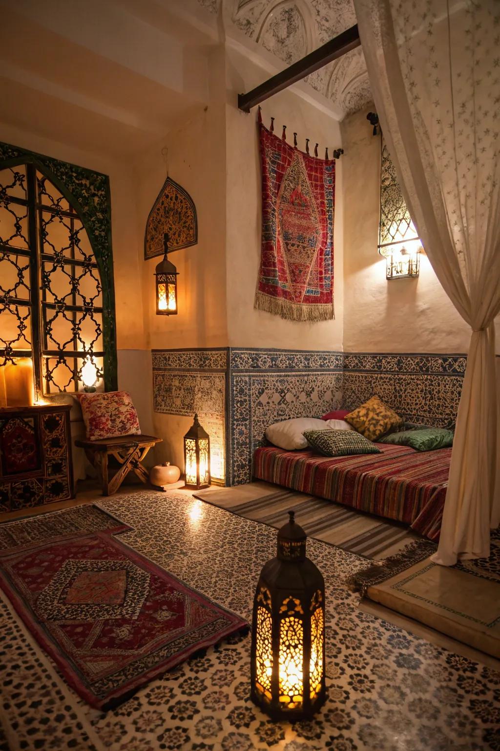 Gentle lighting creates captivating shadows in any Moroccan-themed bedroom.