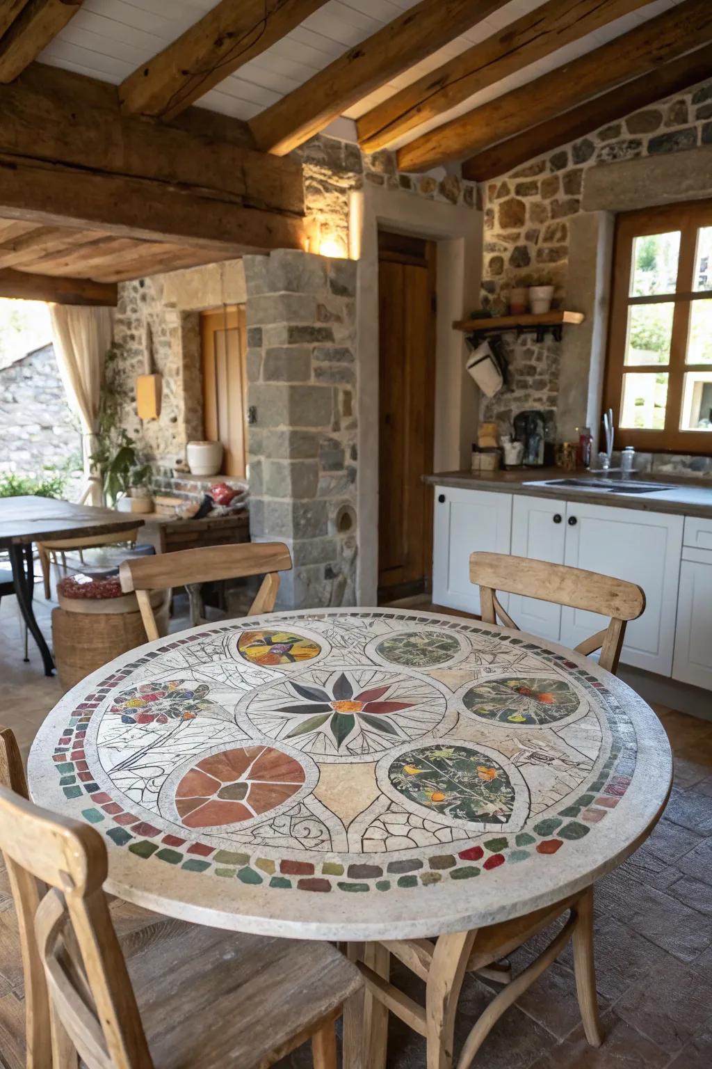 A mosaic table constructed from shattered tableware generates an endearing and tailored rustic charm.