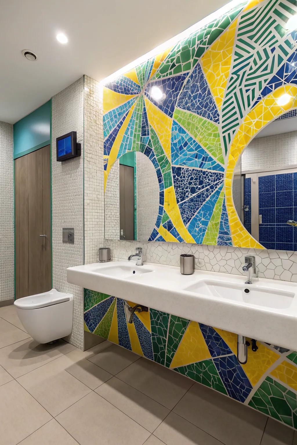 A vibrant mosaic highlight wall that acts as the bathroom's main point.