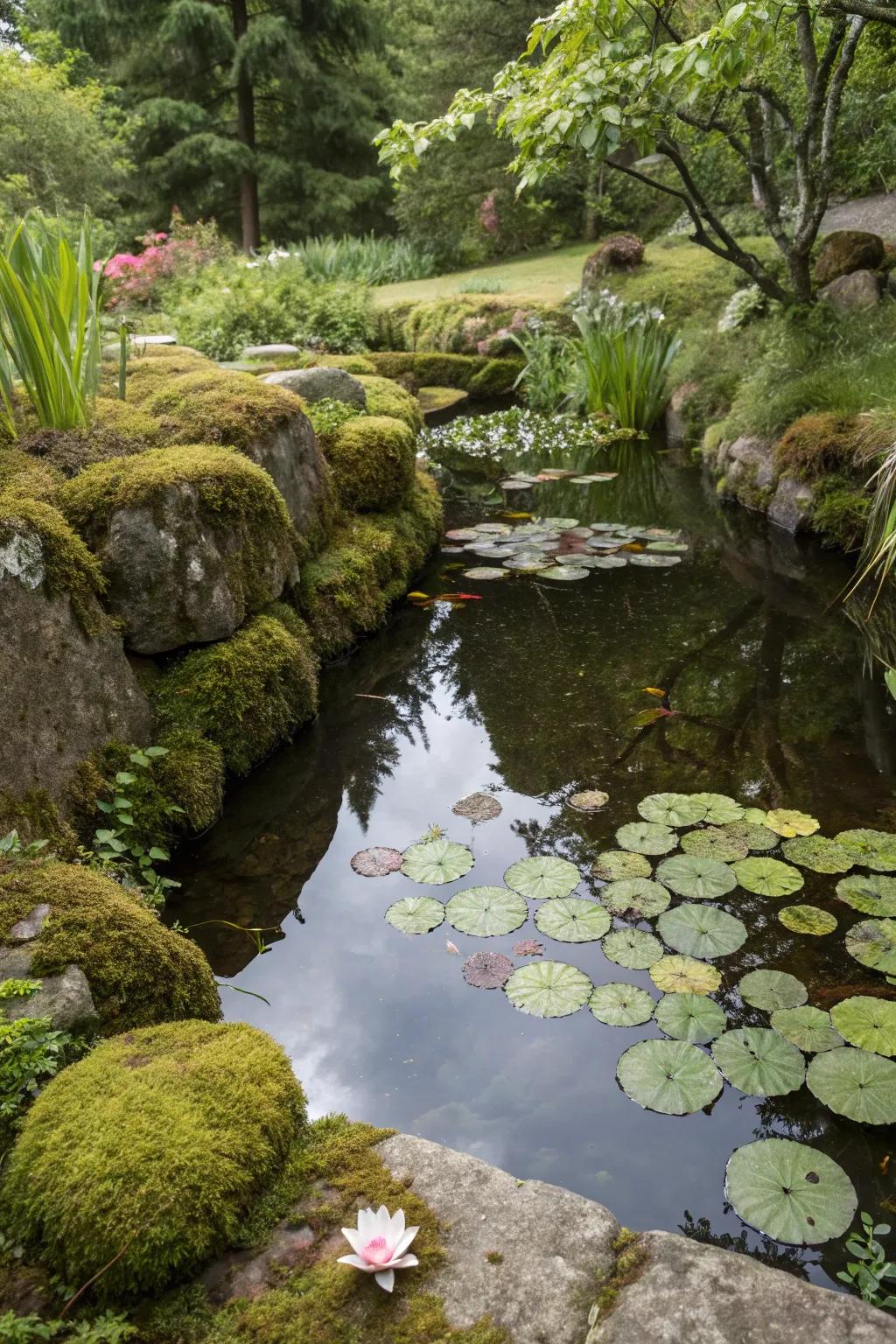 A peaceful pond bordered by abundant moss stones.