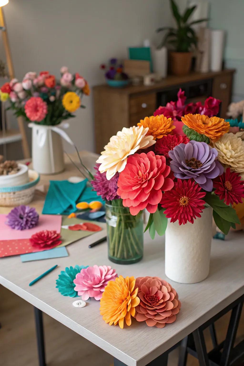 Vibrant, handcrafted paper blooms serve as enchanting decorative elements.