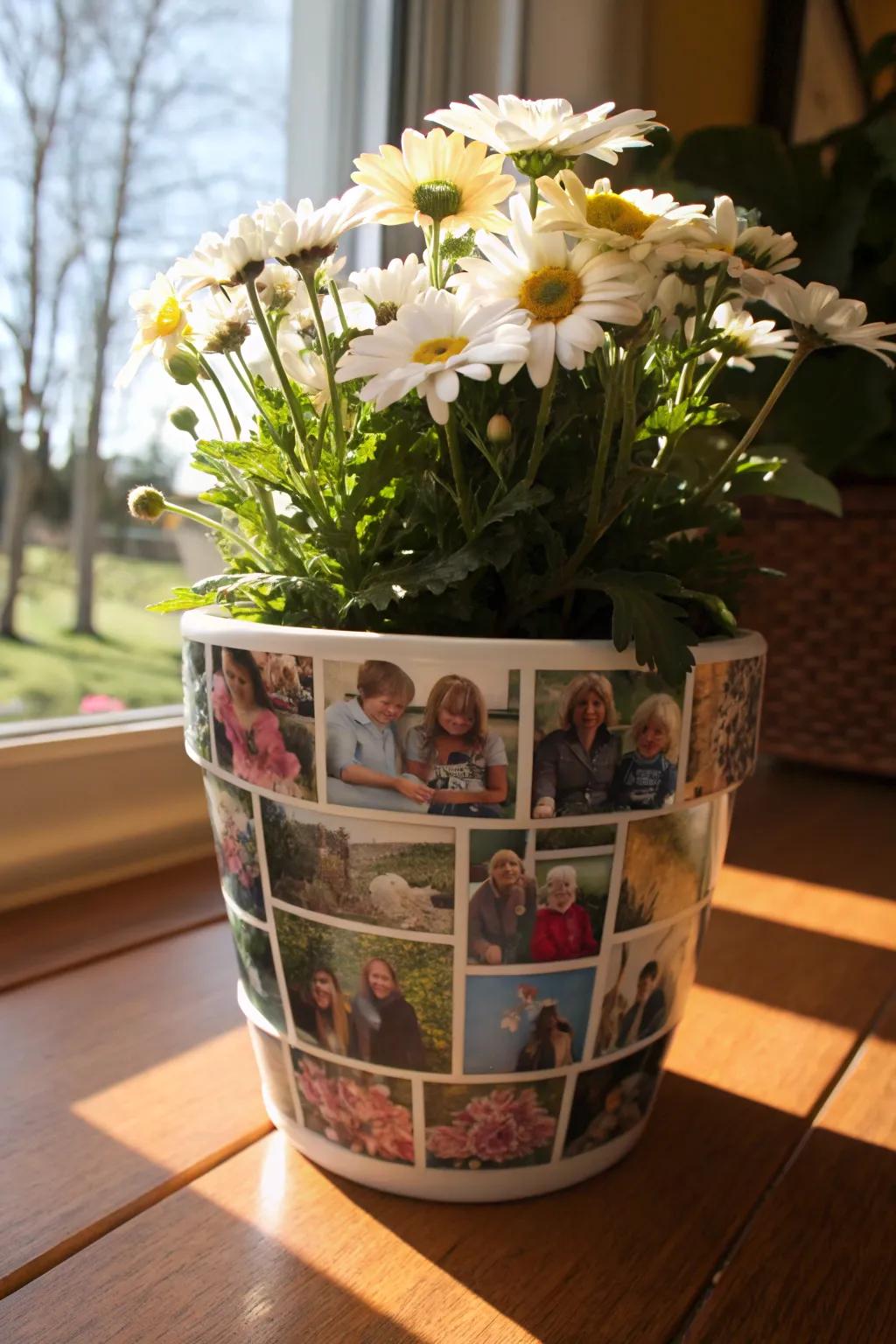 A flower pot adorned with cherished family photographs.