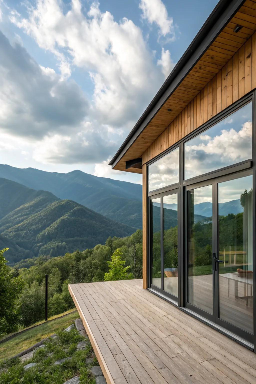 A contemporary cabin featuring extensive glazing that showcases breathtaking mountain scenery.