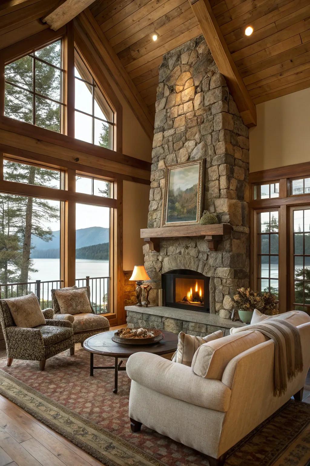 A stone fireplace creates an inviting and warm gathering area.