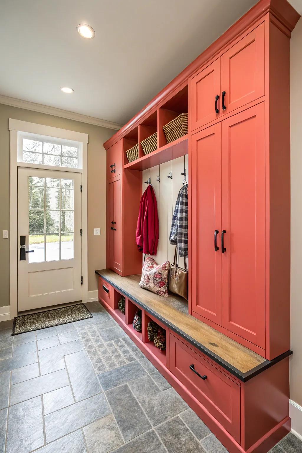 Vivid cabinetry infuses personality and warmth into the utility entryway.