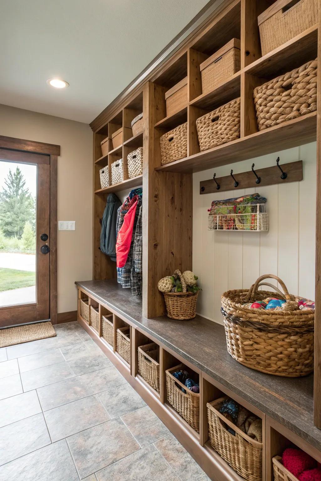 Mudroom shelving exhibiting ornamental containers crafted from raw materials, adding an elegant flair.