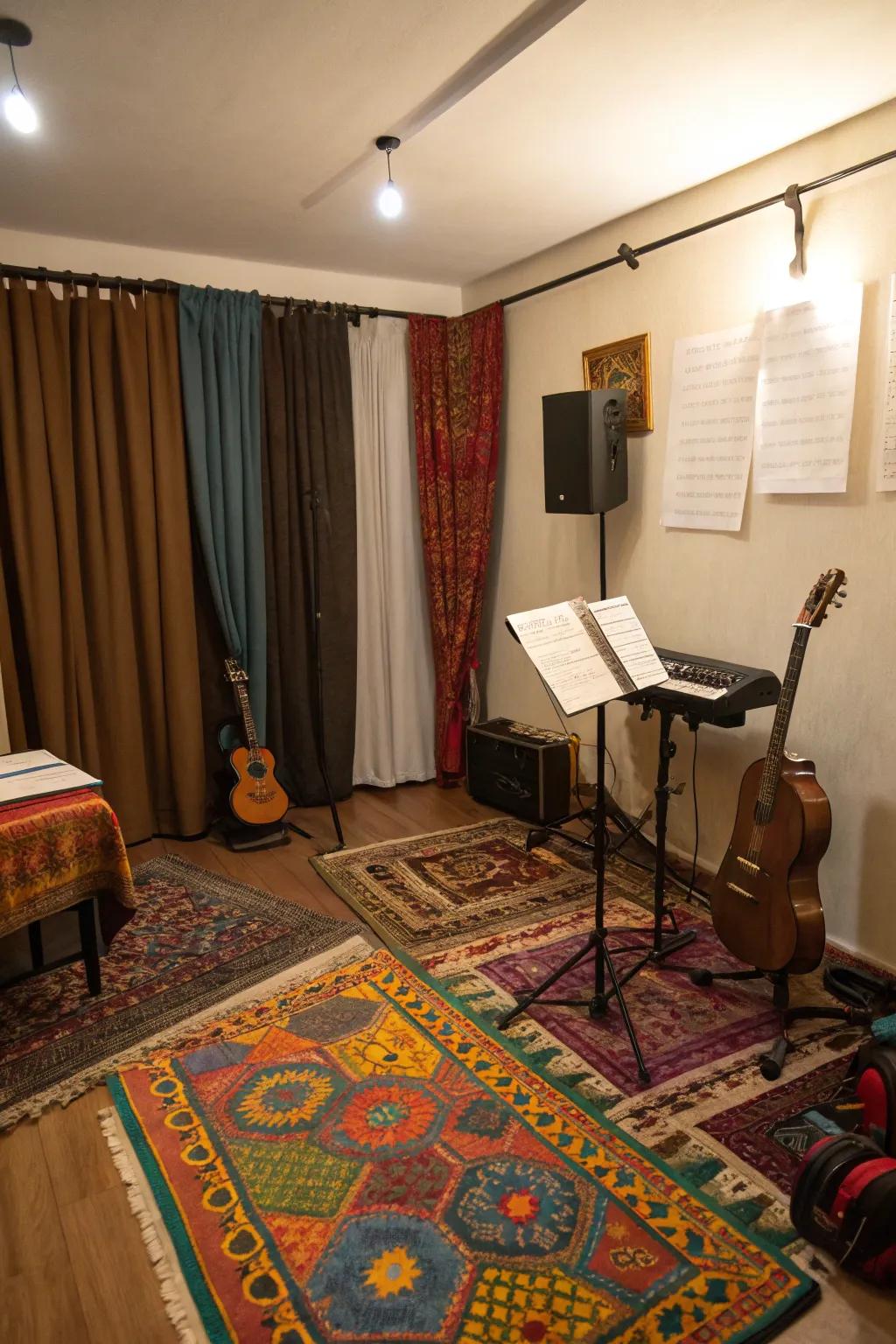 Rugs and curtains refine audio quality and add a sense of comfort.