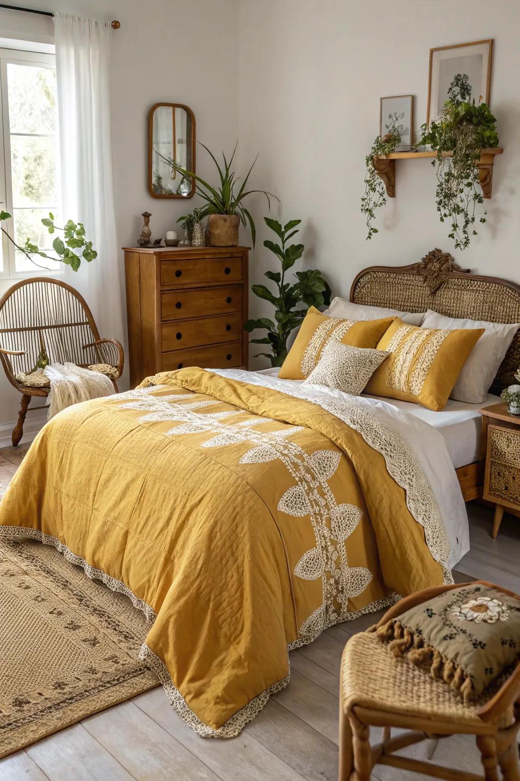 A bedroom that flawlessly blends vintage charm with contemporary components.