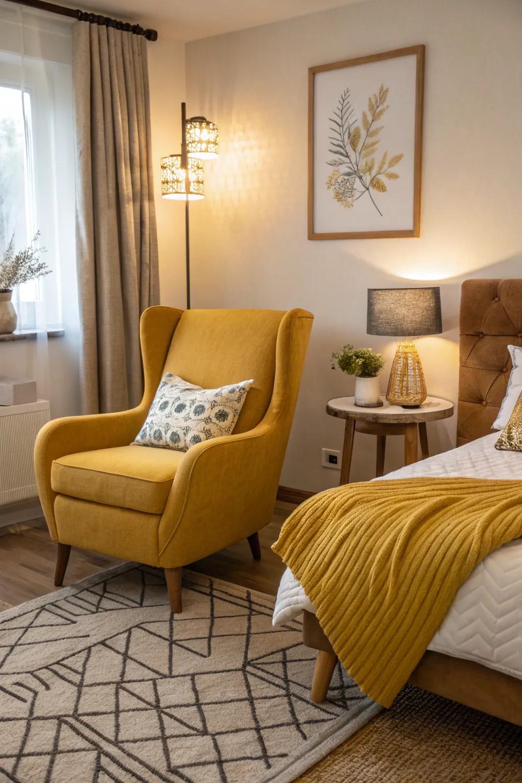 A bedroom showcasing a golden wheat lounge chair along with matching design highlights.