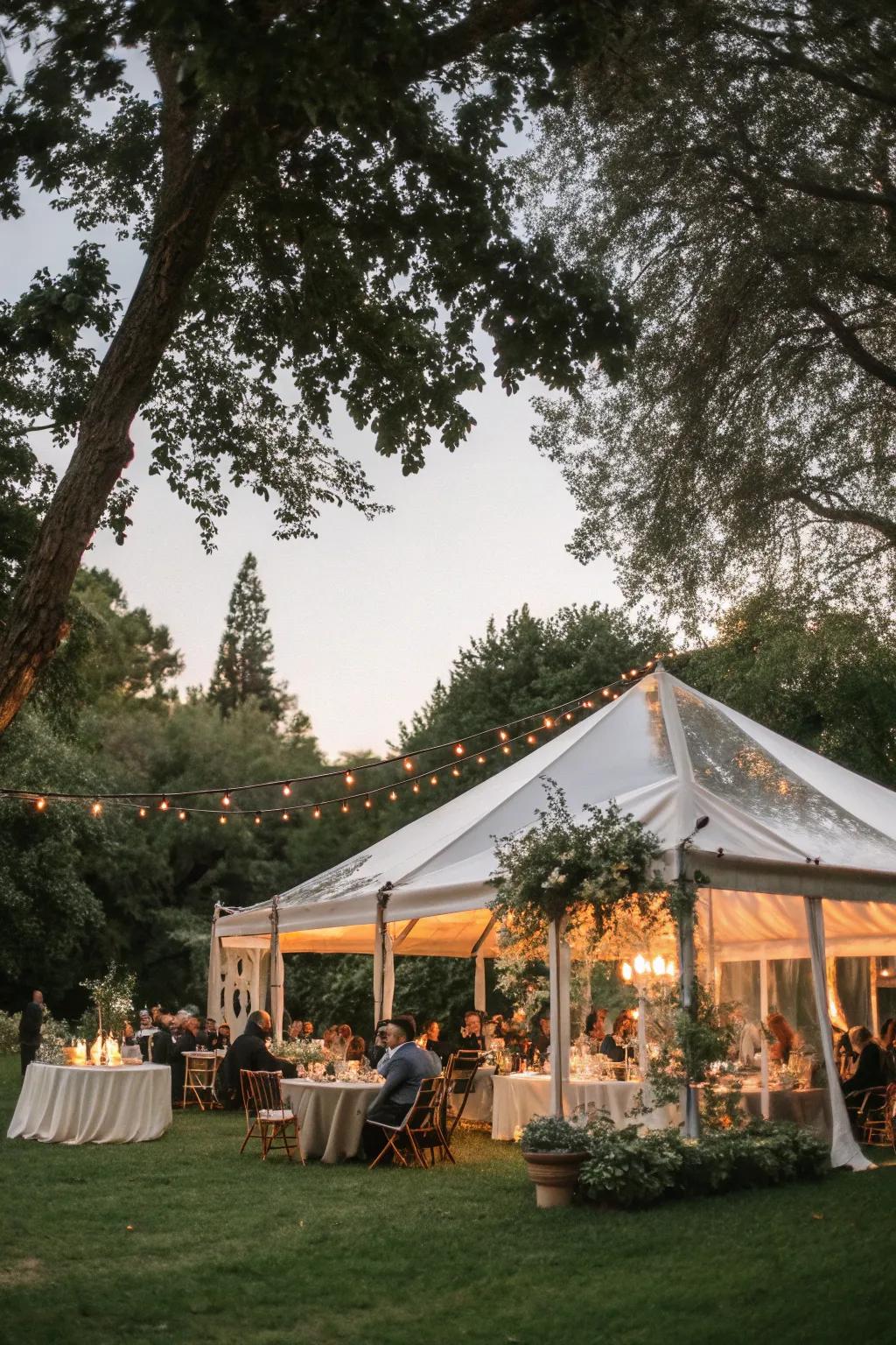 An outdoor wedding celebration under a canopy creates a captivating setting.