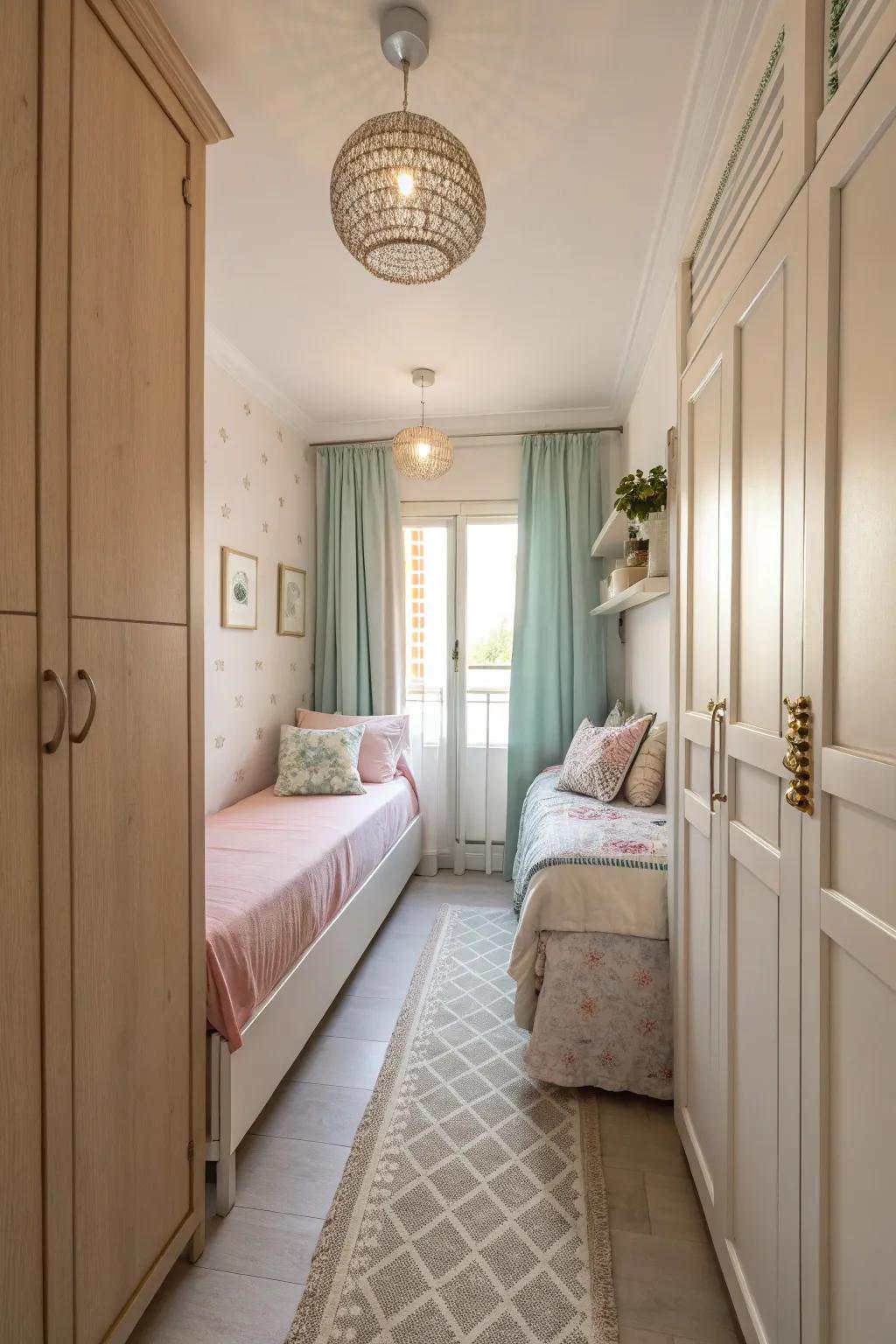 Light shades foster an airy and spacious atmosphere in a slender bedroom.