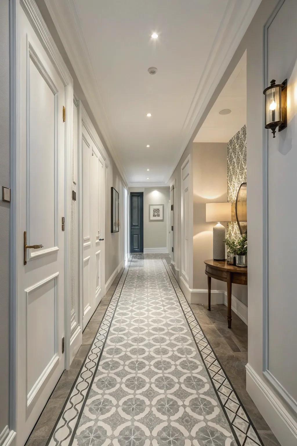 Monochrome schemes have the ability to make narrow hallways seem larger and more unified.