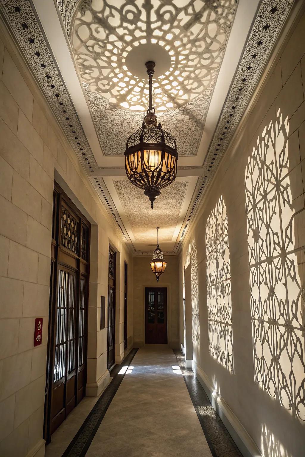 Hanging lights contribute character and depth to slender hallways with high ceilings.
