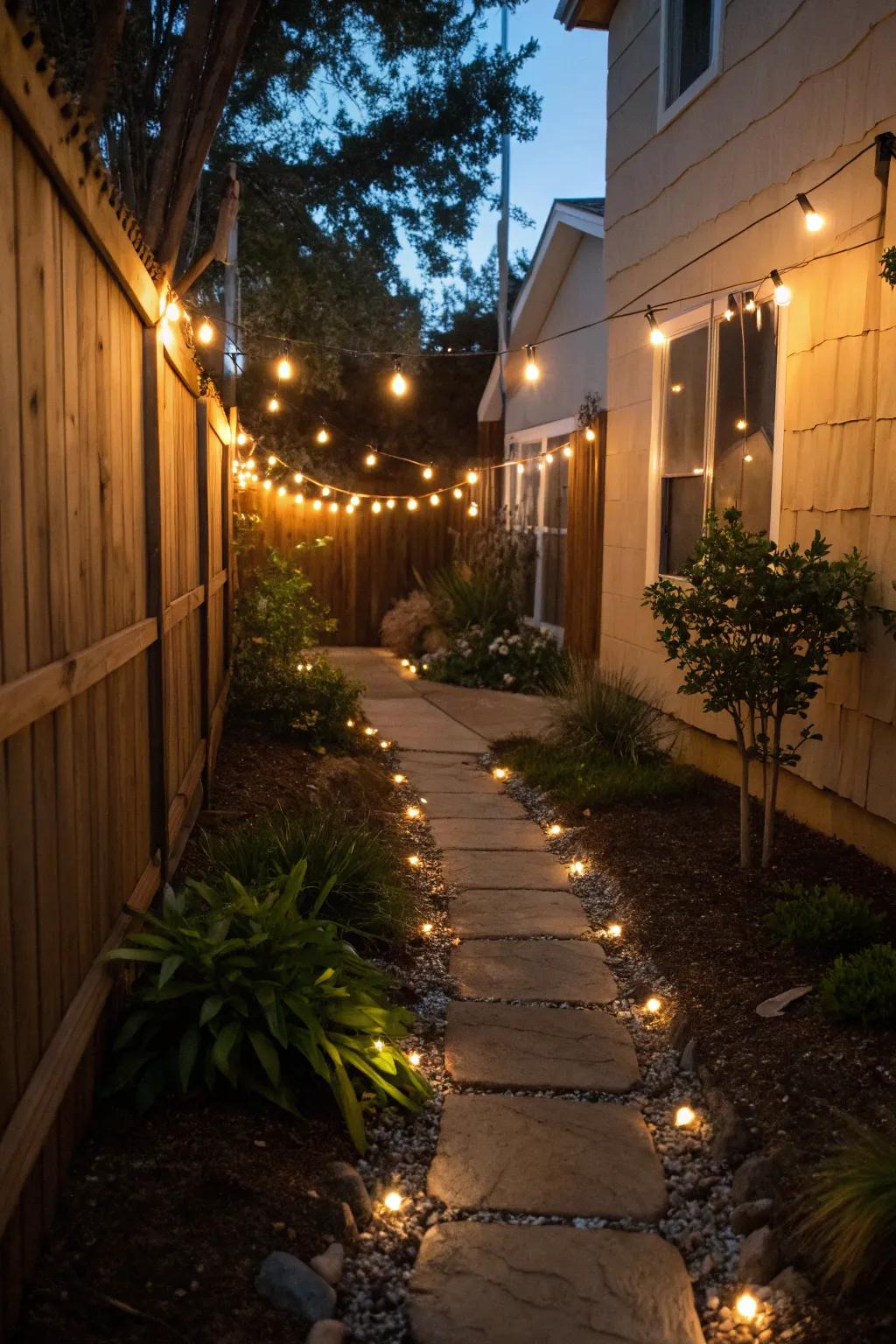 Delicate illumination transforms a side yard into a relaxing dusk getaway.