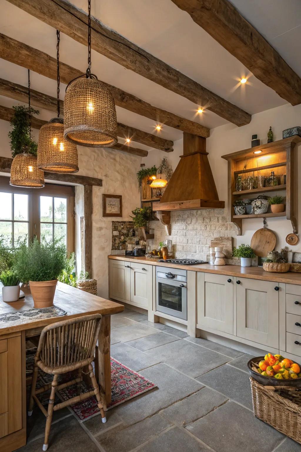 Visible timber supports contributing down-to-earth appeal to a contemporary culinary space.