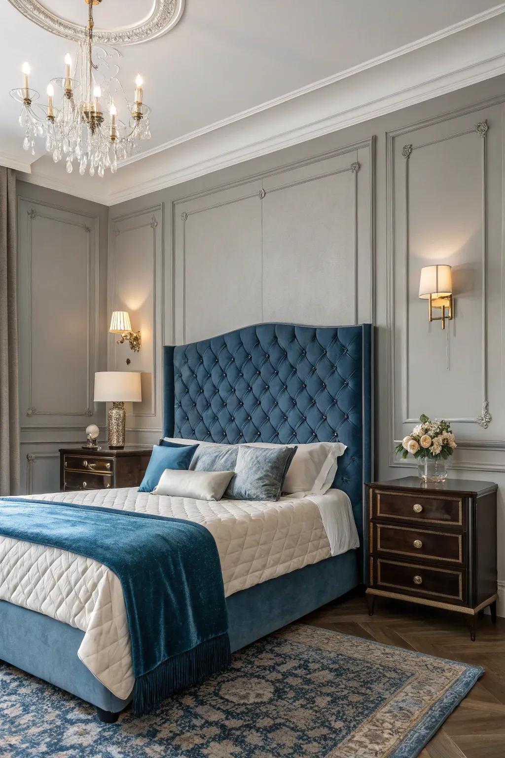 A blue velvet headboard infuses a sense of luxury and sophistication into the area.