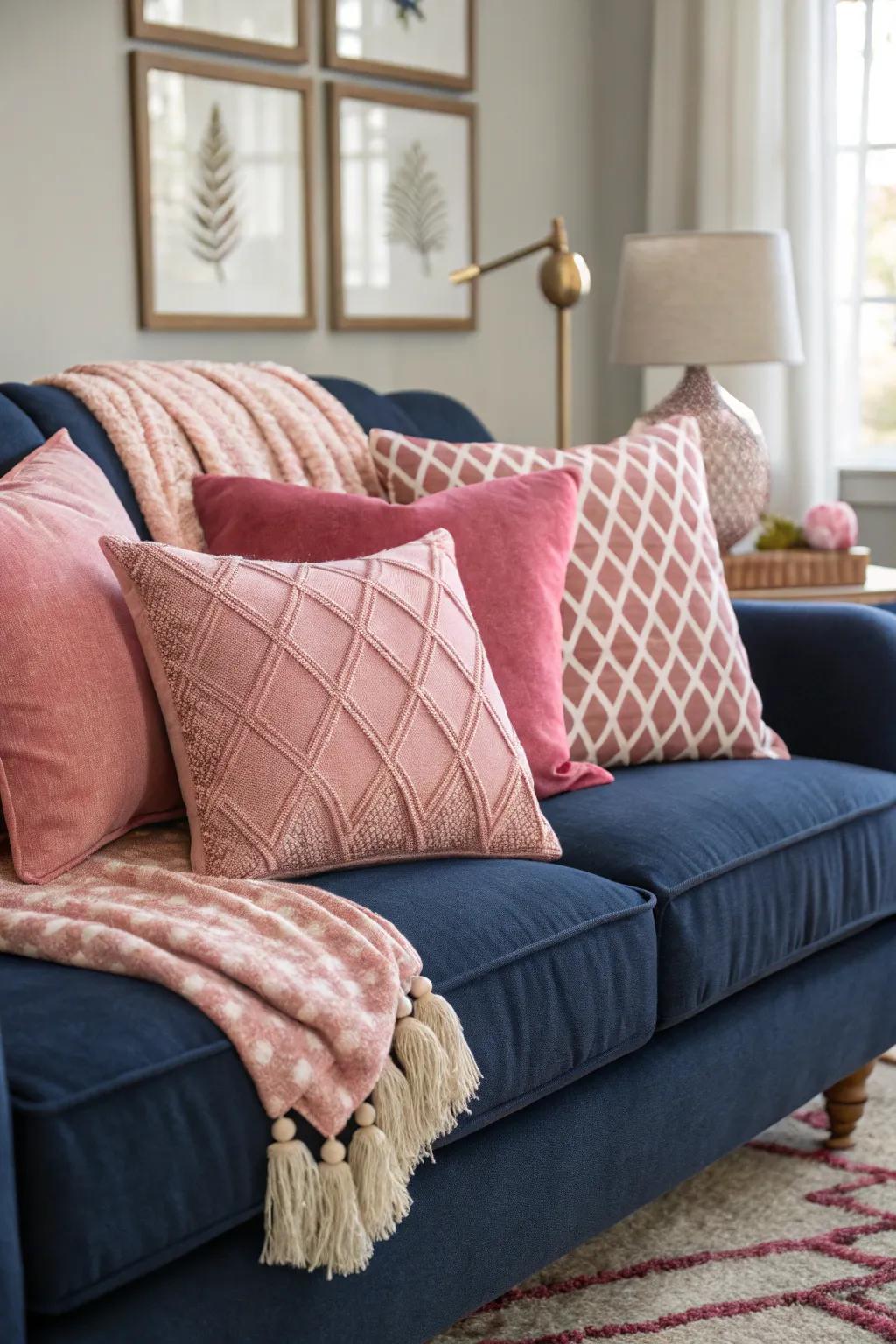 Rose throw pillows contribute a playful accent to a navy sofa.