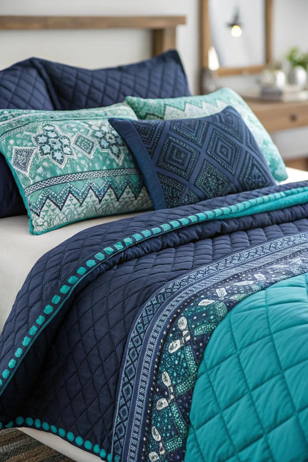 Layered bedding in navy and teal makes for a cozy personal escape.