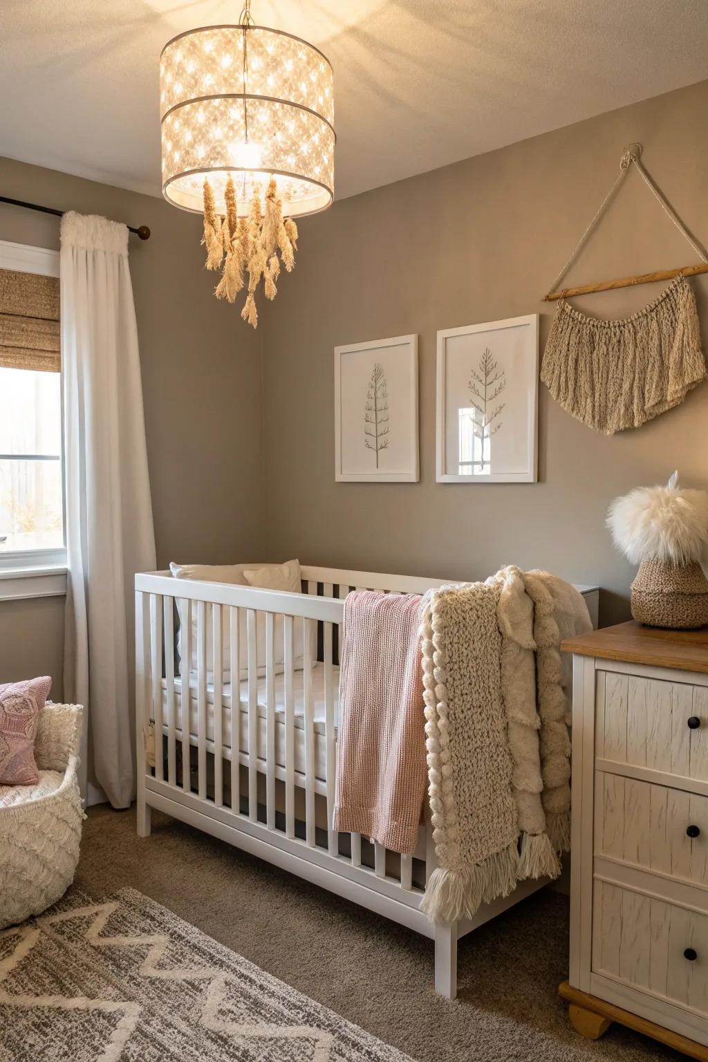 A harmonious baby room displaying greige hues.