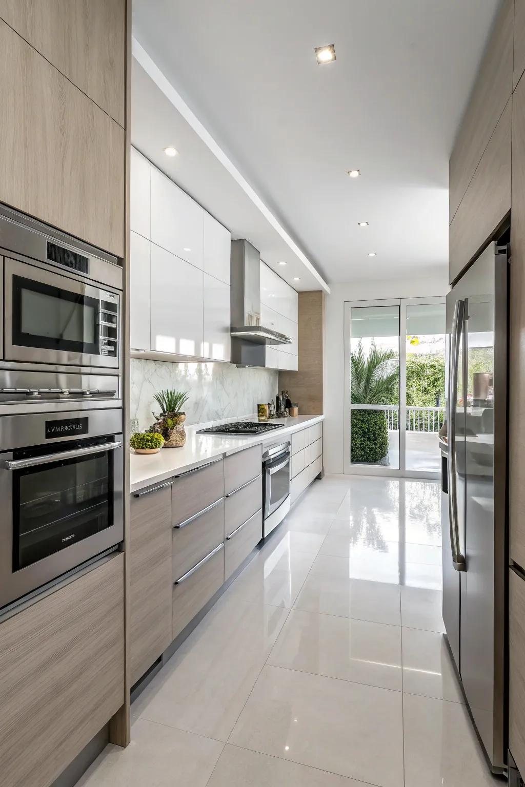 A kitchen showcasing integrated stainless steel appliances, thus enhancing its polished, modern layout.