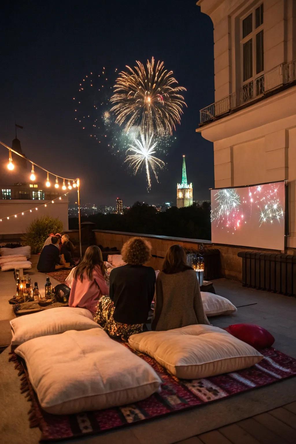 Savor an enchanting evening beneath the celestial expanse with a rooftop fireworks party.