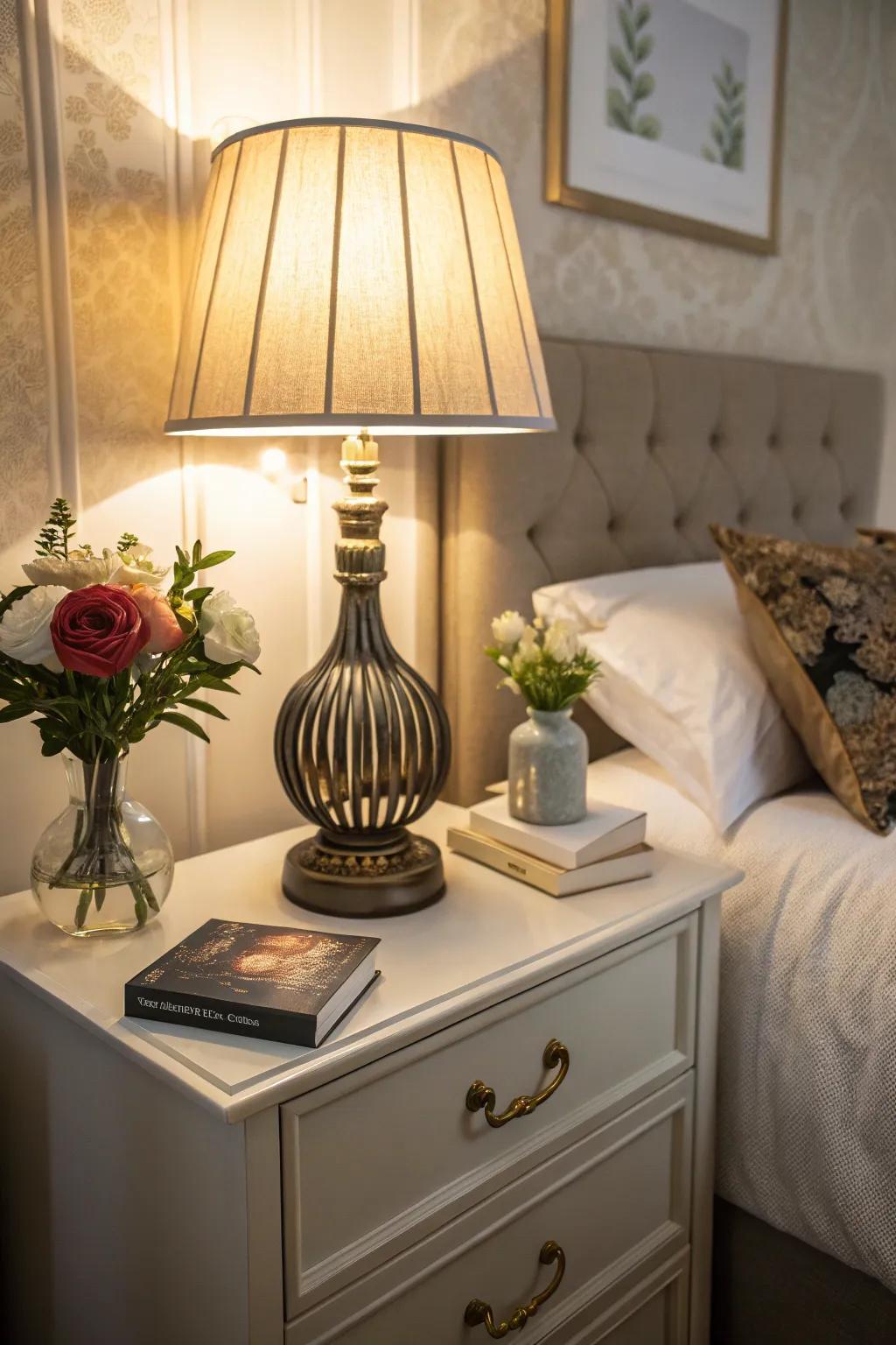Make a bold statement with a uniquely designed lamp atop your nightstand.