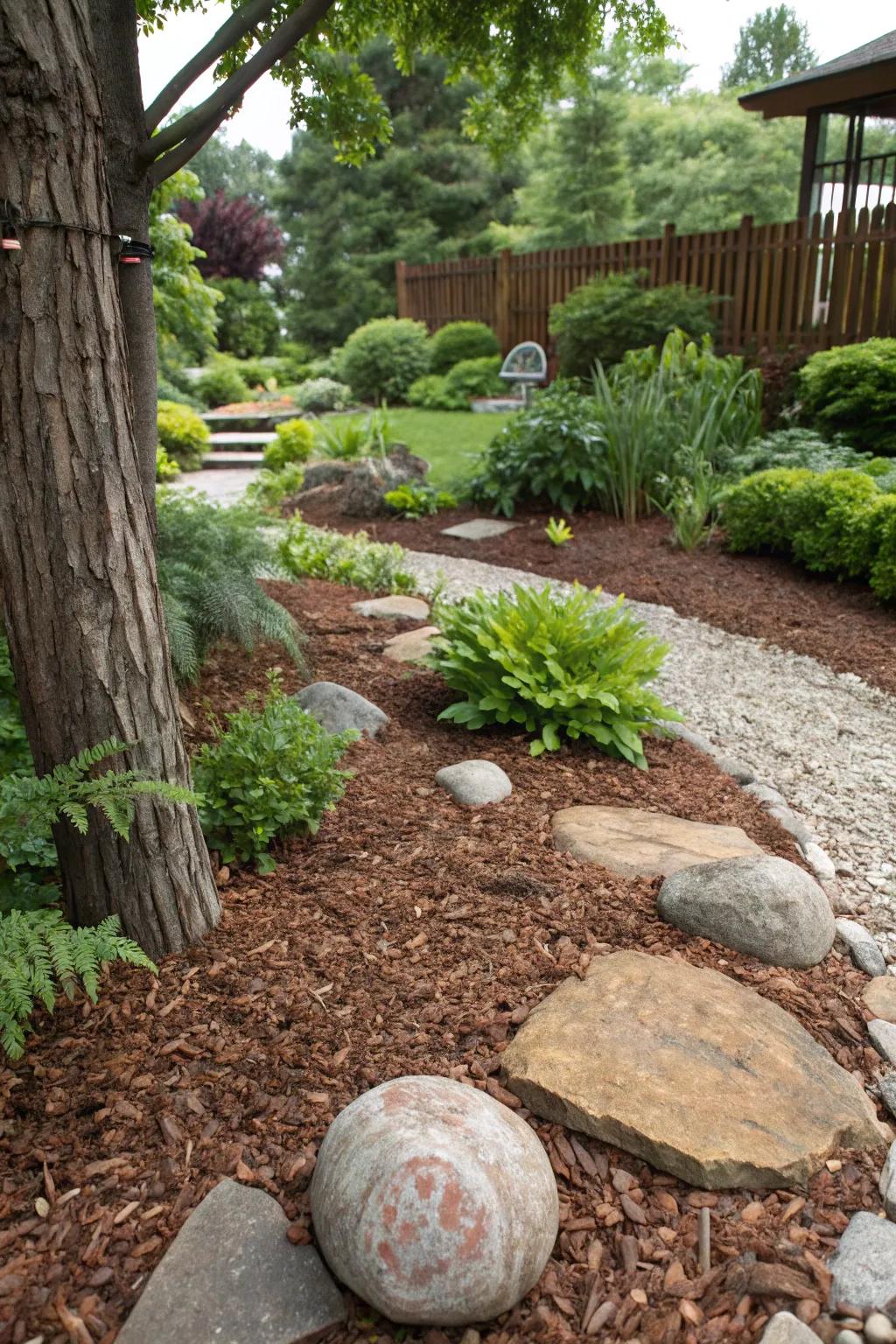 A peaceful garden featuring mulch and ground covers for easy maintenance.