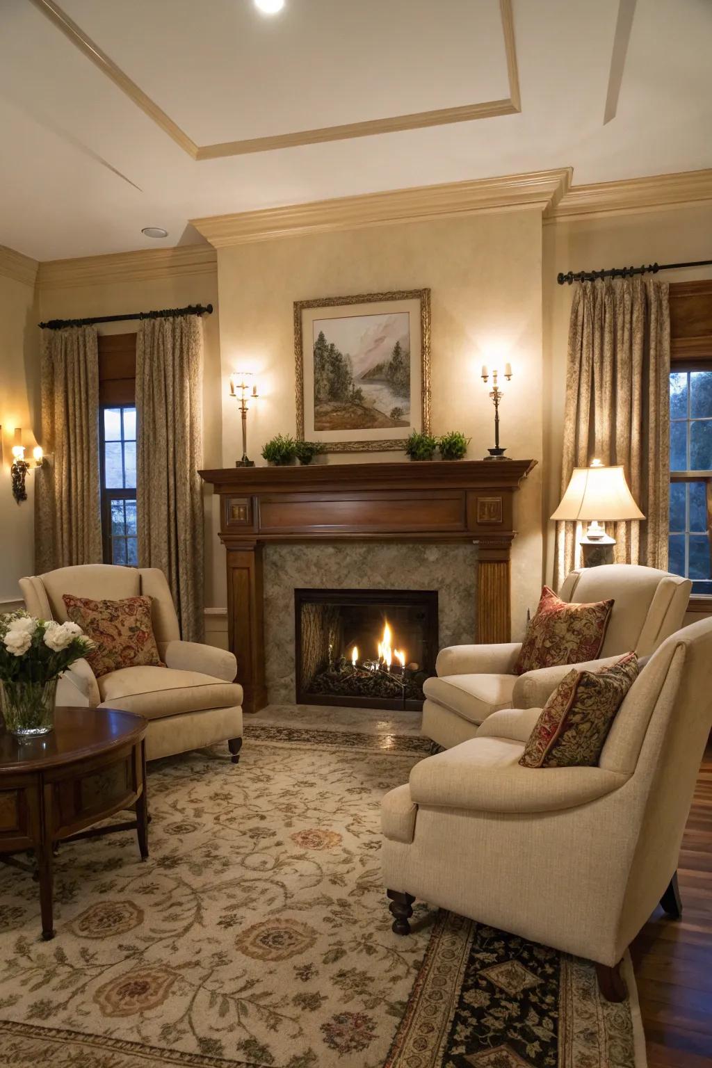 A fireplace provides warmth and evolves into a natural focal point.