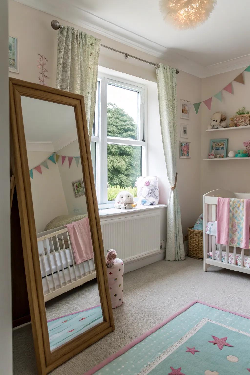 Mirrors are thoughtfully arranged to capture and reflect sunlight from the windows, enhancing the nursery's brightness.