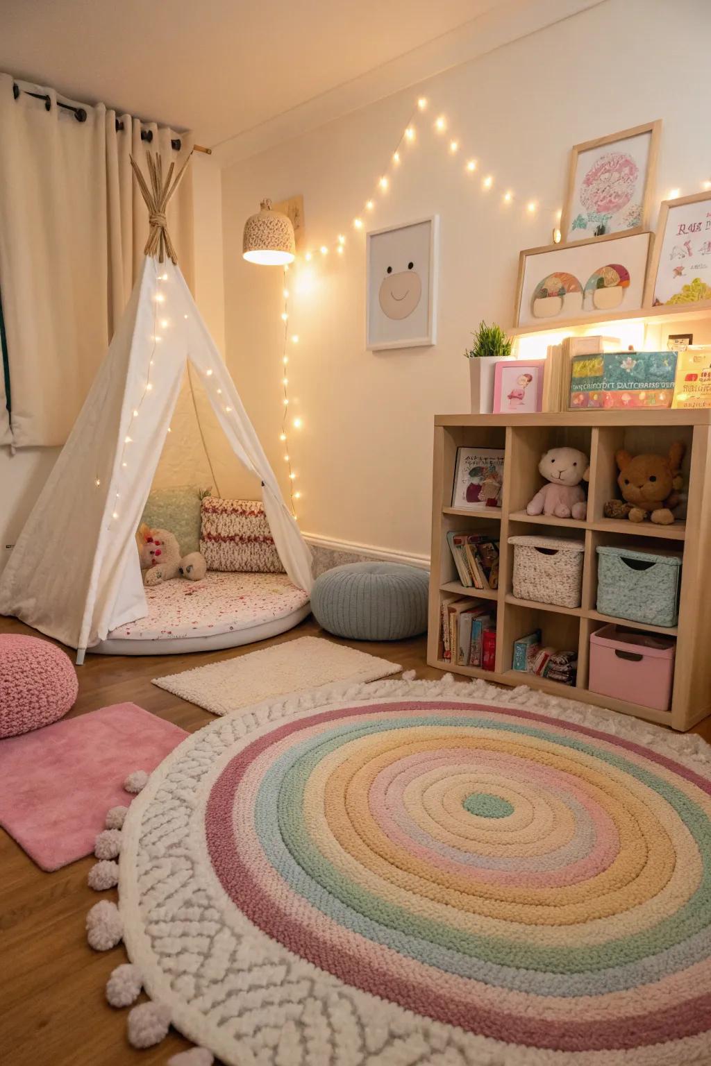 Layered ground coverings impart depth and comfort to the nursery.