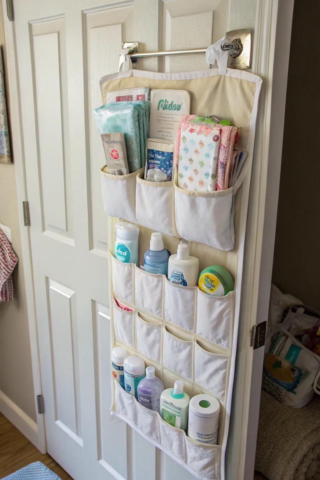 Useful over-the-door organizer for crucial baby supplies.