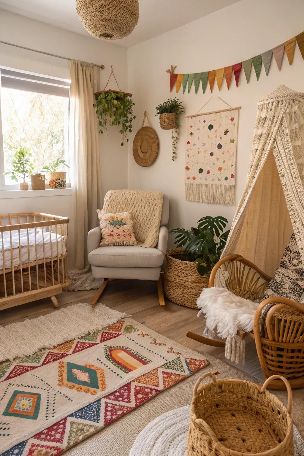 With a <strong>boho</strong> nursery, embrace tranquility and elegance.” loading=”lazy” class=”pimg”>
	</picture><figcaption>With a <strong>boho</strong> nursery, embrace tranquility and elegance.</figcaption></figure>
<p>A nursery with a <strong>boho</strong> theme combines natural elements with a variety of textures to create a tranquil atmosphere. It’s a great combination of style and comfort, making it a warm and inviting space for any child.</p>
<h3>These products might help:</h3>
<ul class=