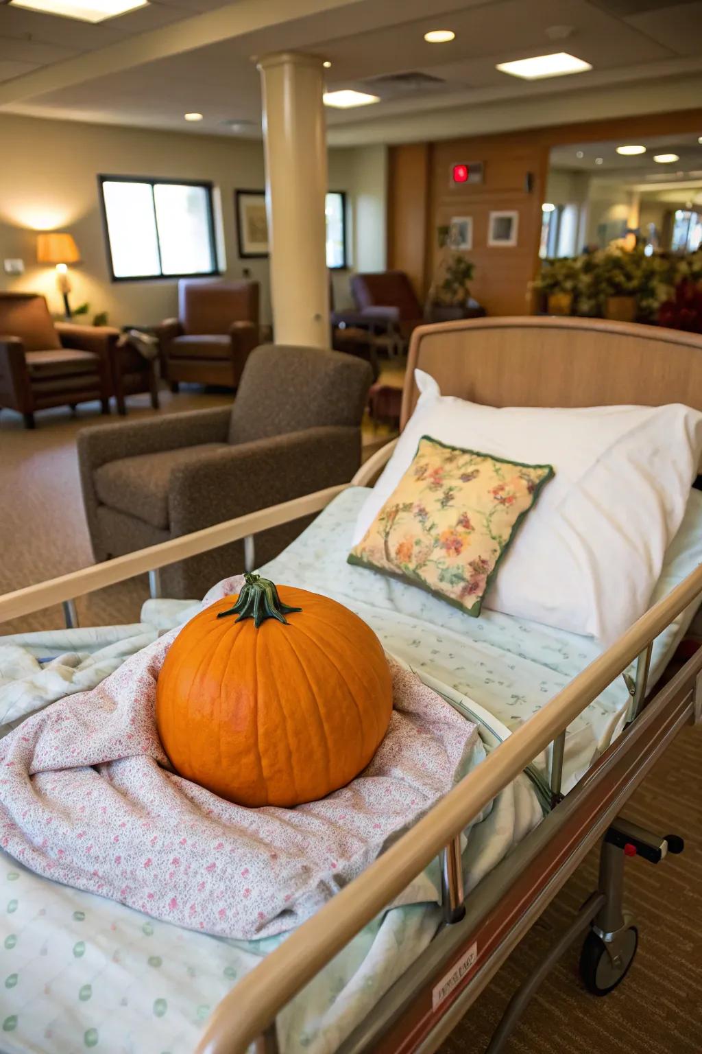 A pumpkin patient infuses humor into the nursing home's decor.