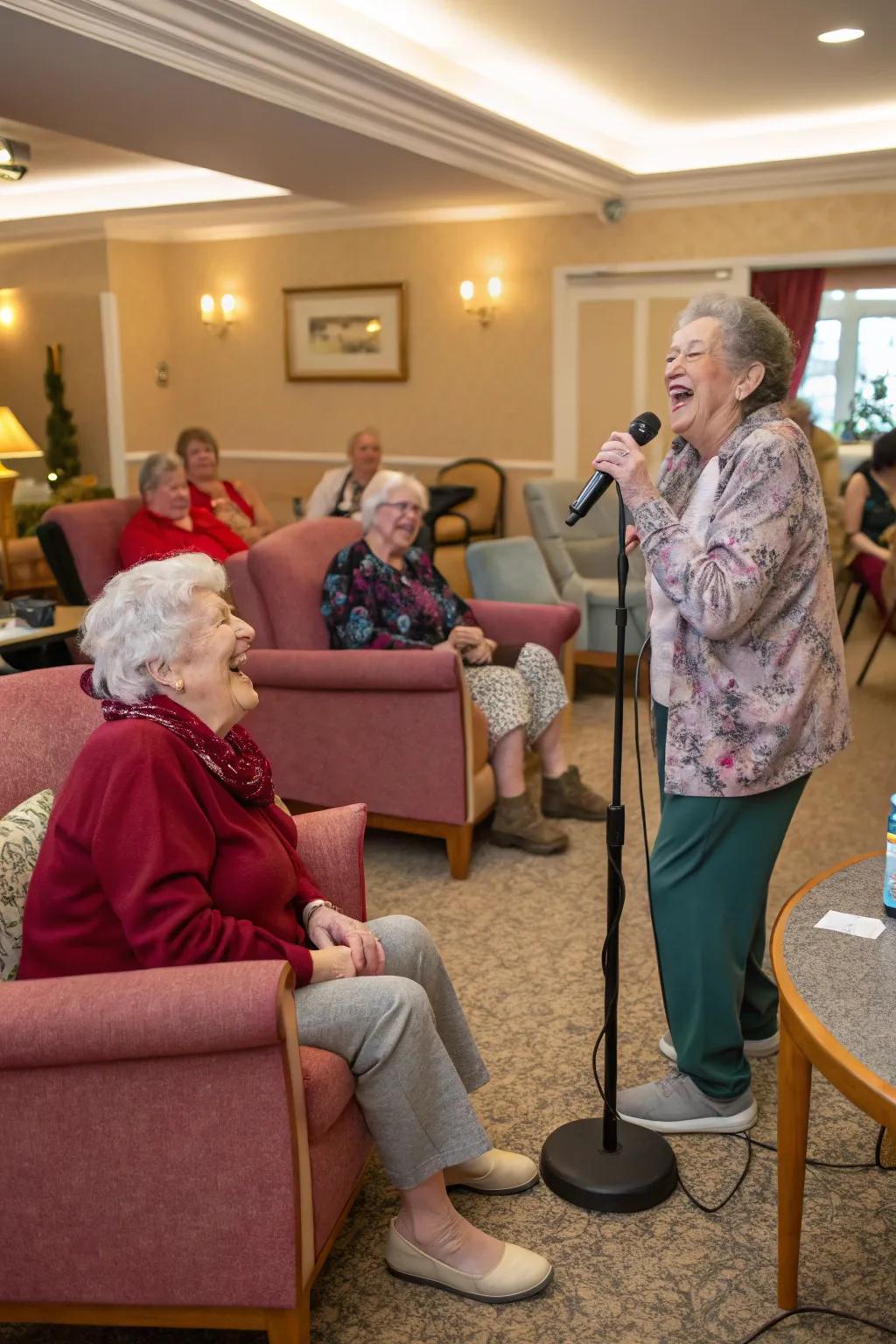 Care home residents participating in an energetic karaoke event with classic love melodies.
