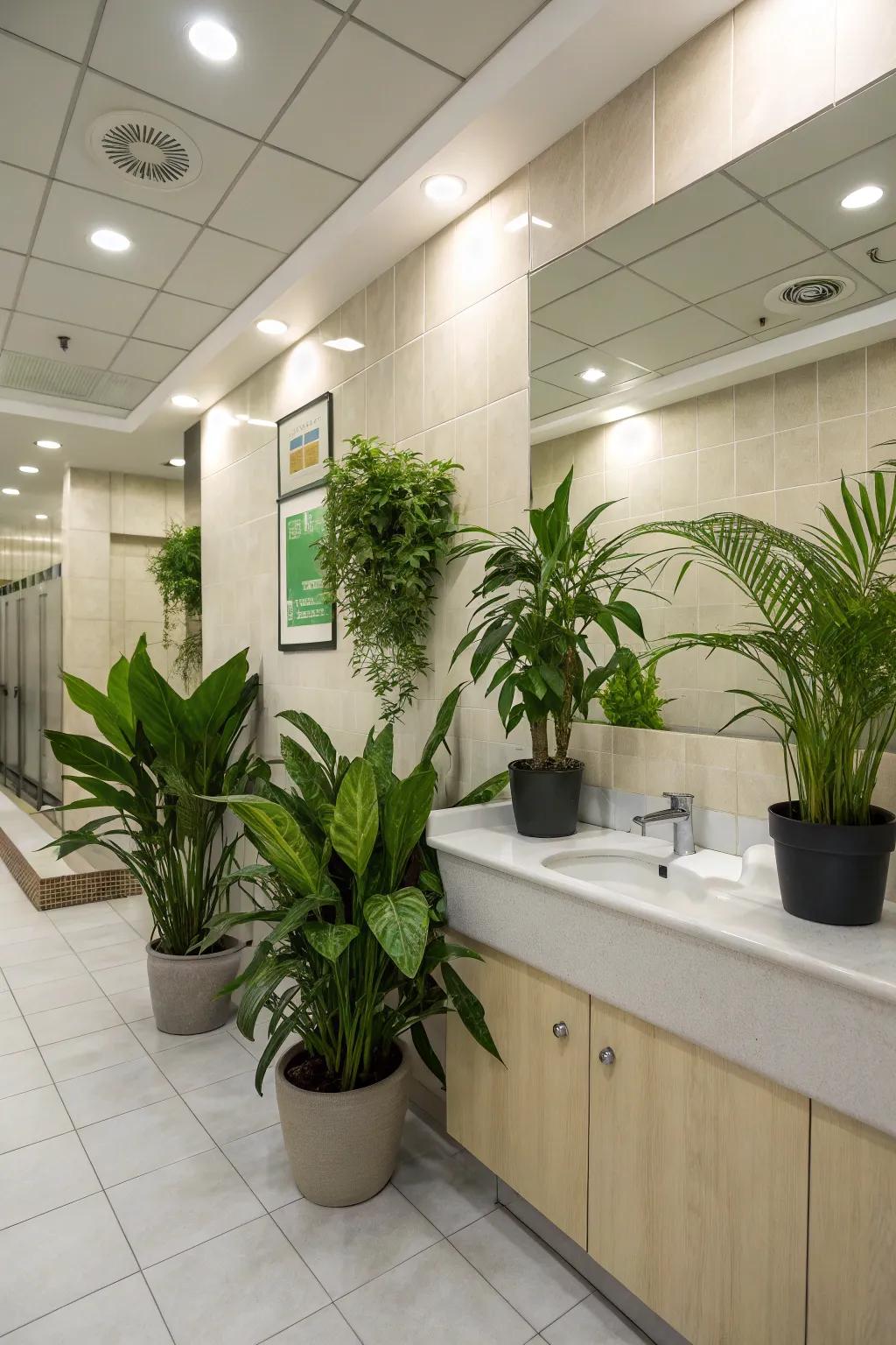 Lush greenery brings a revitalizing organic element to the office restroom.