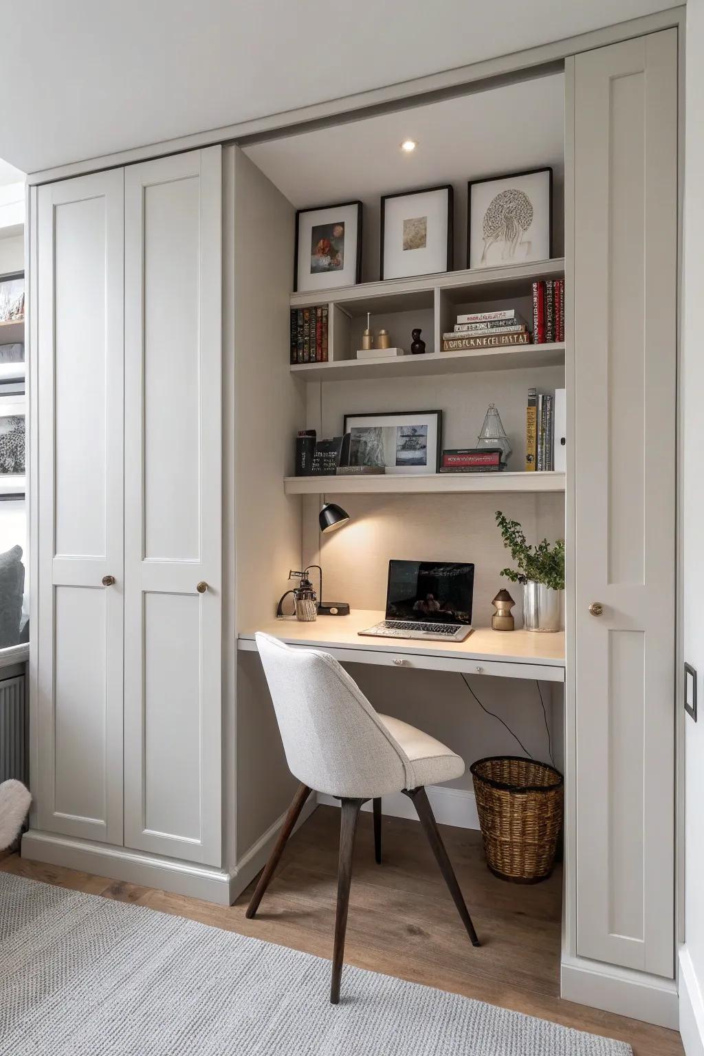 Maintain a hidden workspace with a sophisticated desk cabinet.