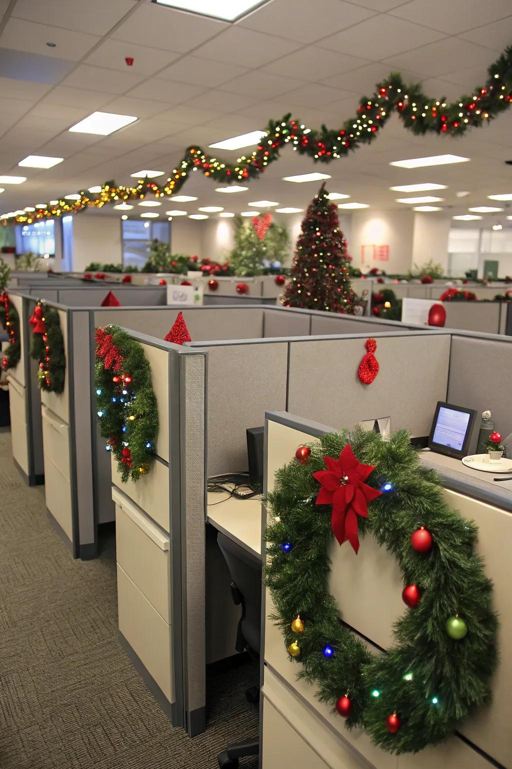 Themed arrangements deliver a unified festive feeling to the office.