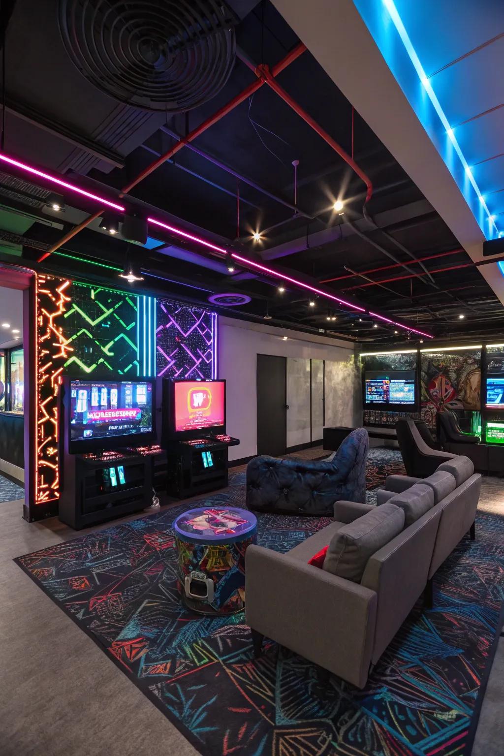 Dynamic lighting provides character and atmosphere to your office game room.