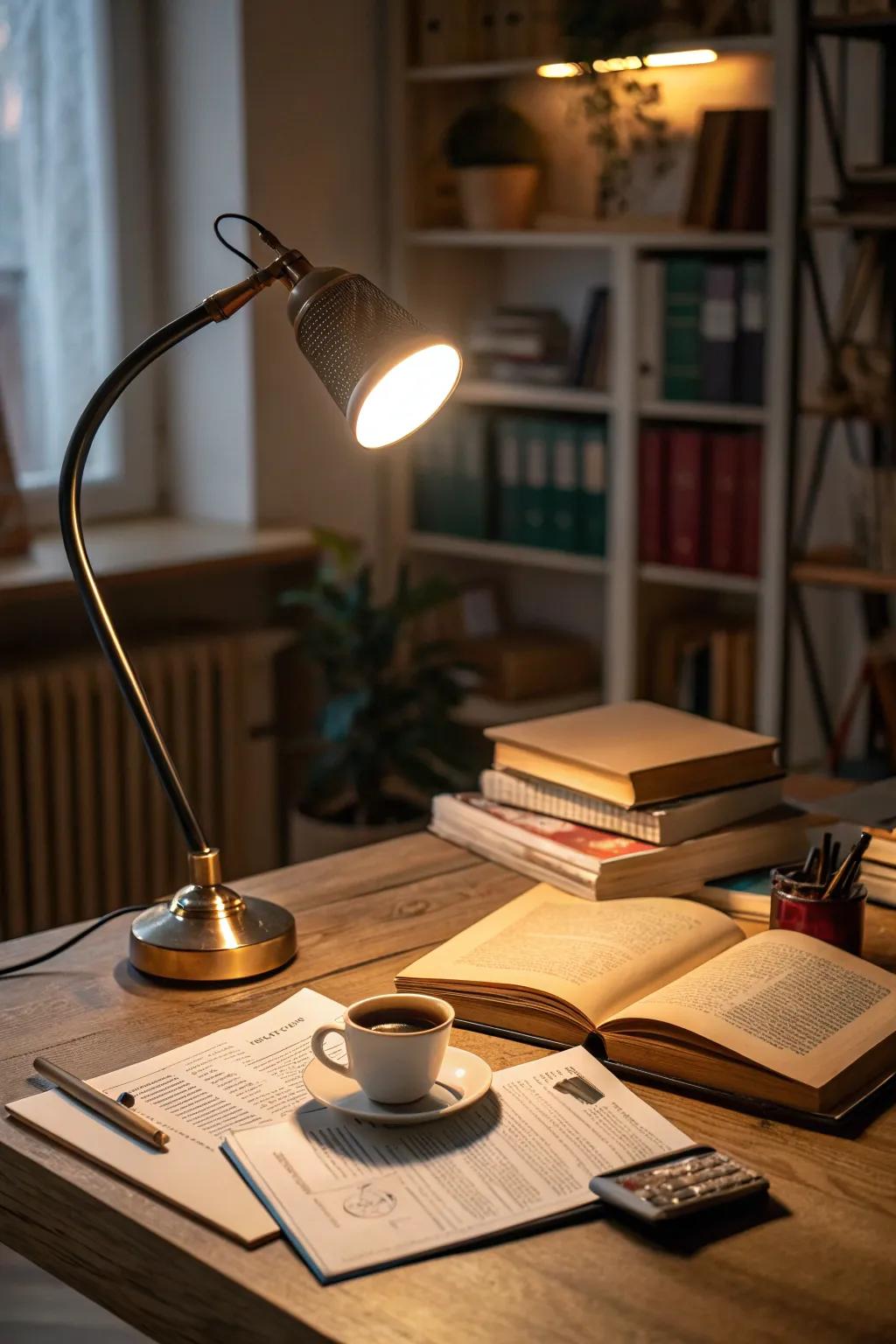 Ambient and task lighting come together to create a cozy reading atmosphere in this office.