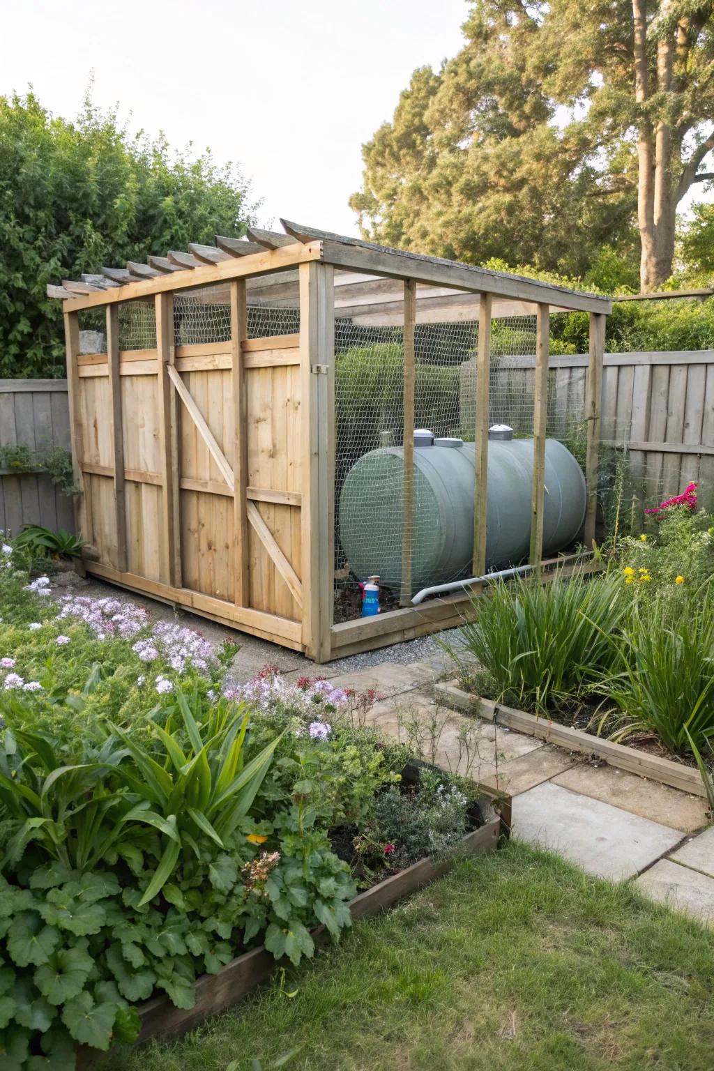 A handmade timber structure smoothly incorporating a fuel container into the garden setting.
