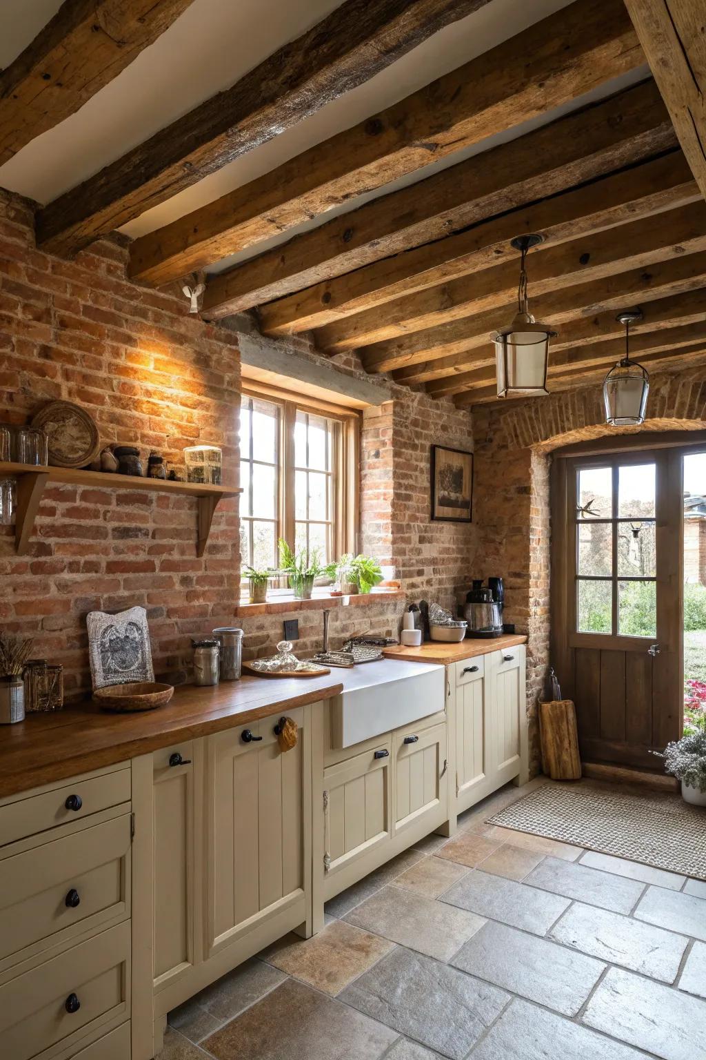 Exposed brick and beams provide a comfortable and rustic ambiance.