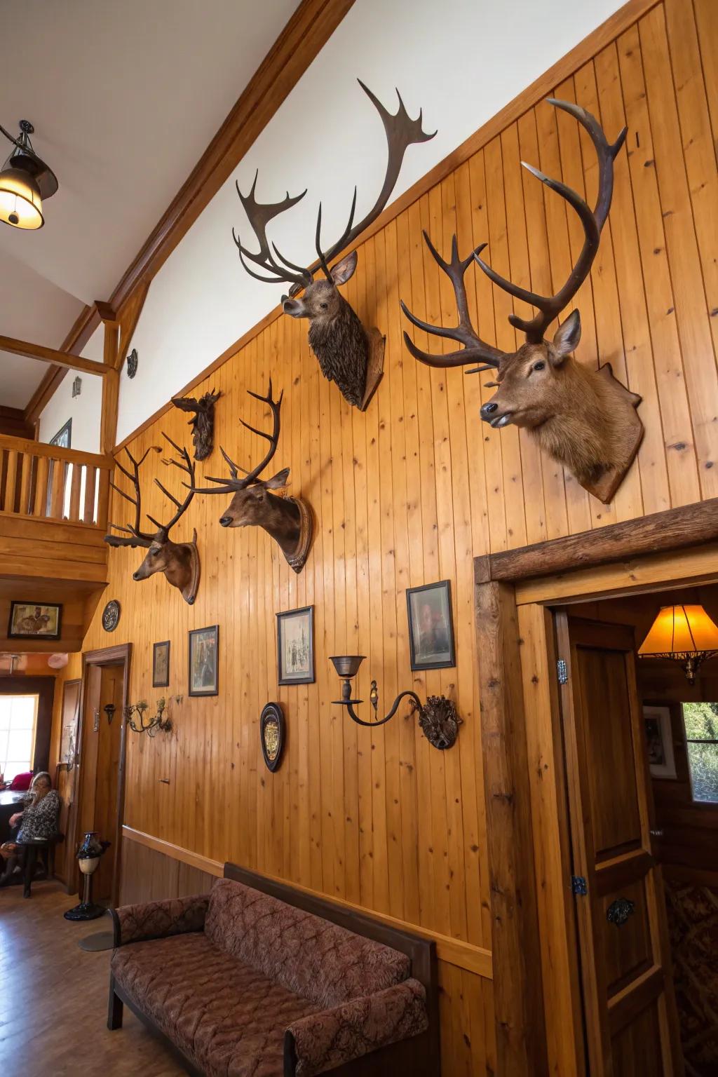 A hunting lodge wall adorned with mounted antlers and hunting souvenirs.