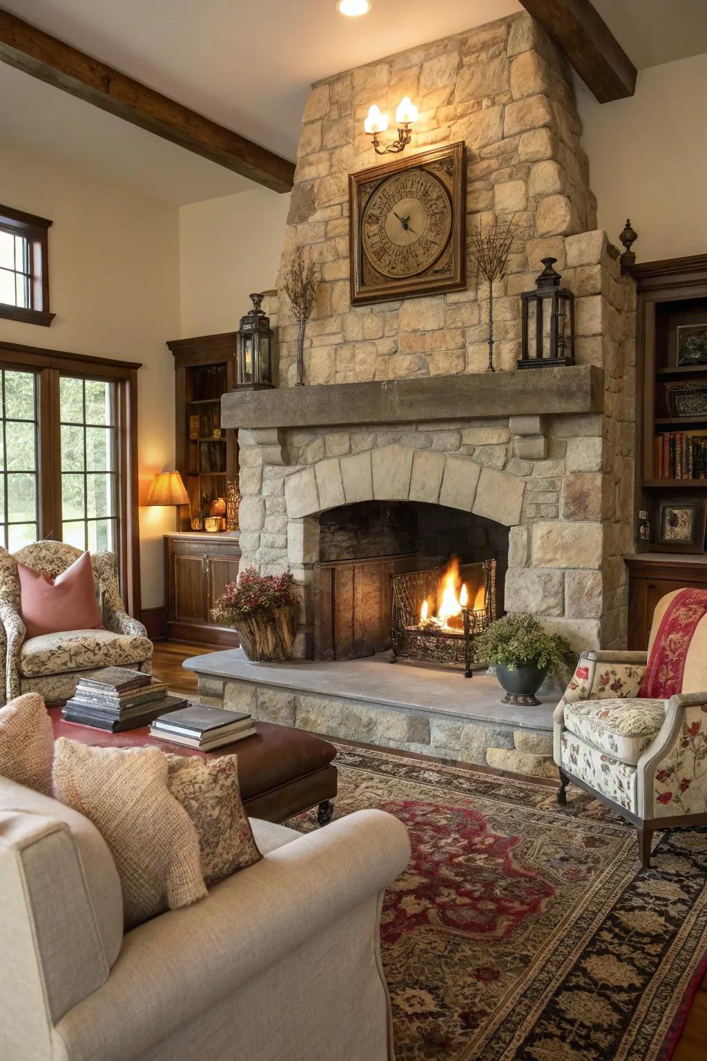 A majestic hearth serves as the room’s primary focus.