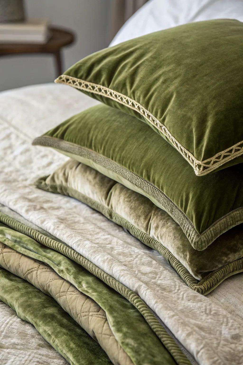 Achieve an inviting and textured experience with olive green bedding by layering diverse materials.