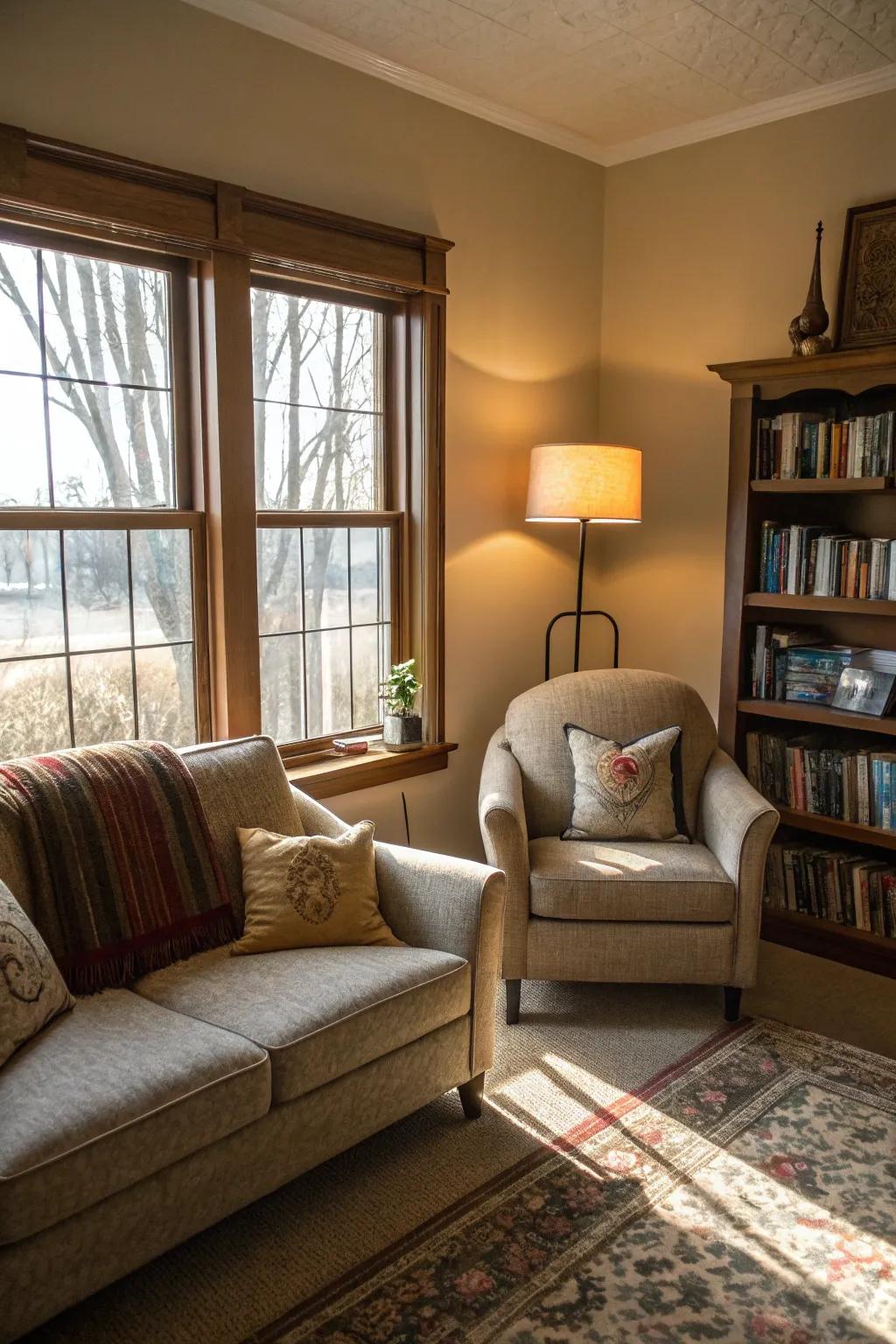 A comfortable reading nook with sitting chairs on either side of the couch.