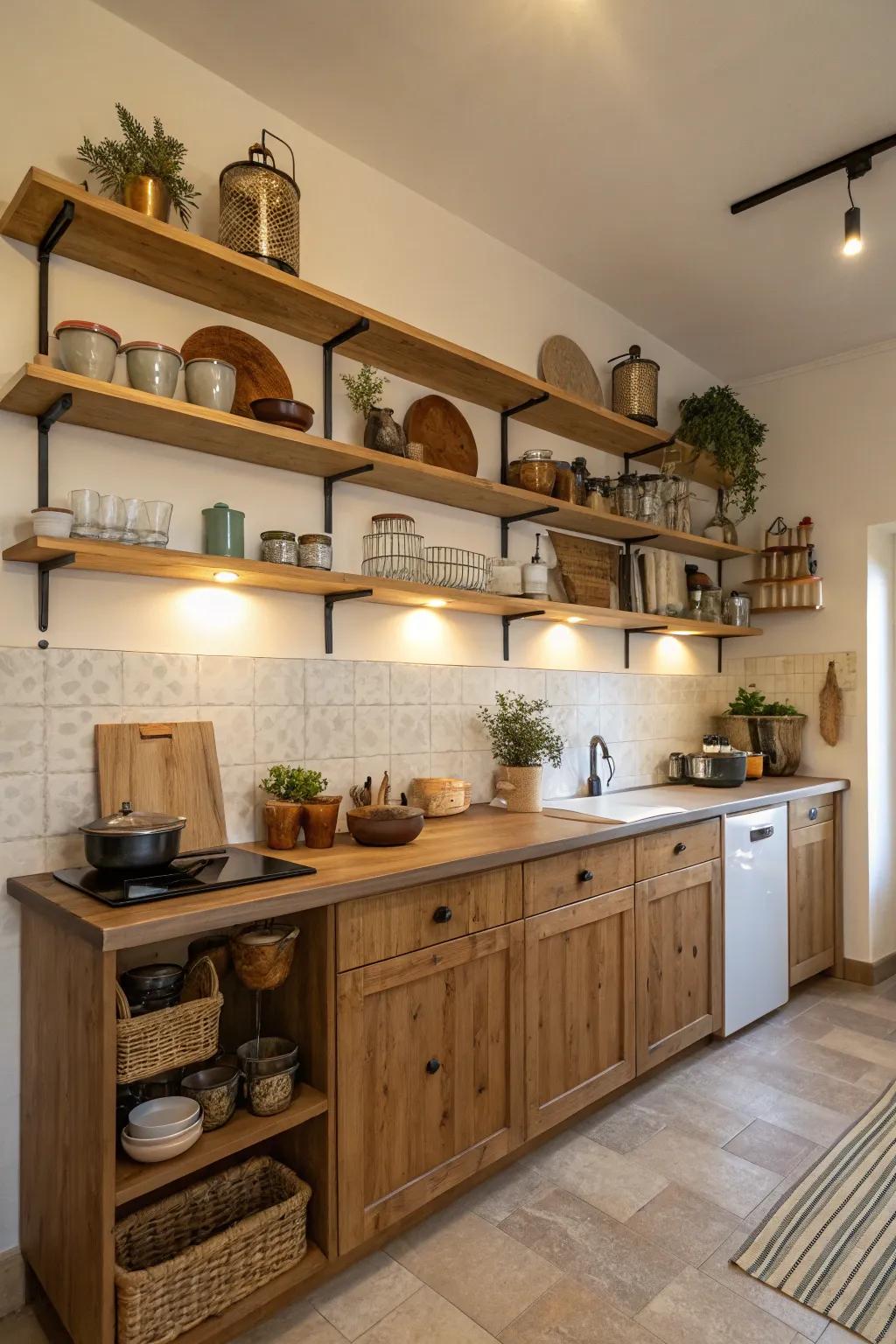 Open storage in a one-wall kitchen showing decorative kitchenware.