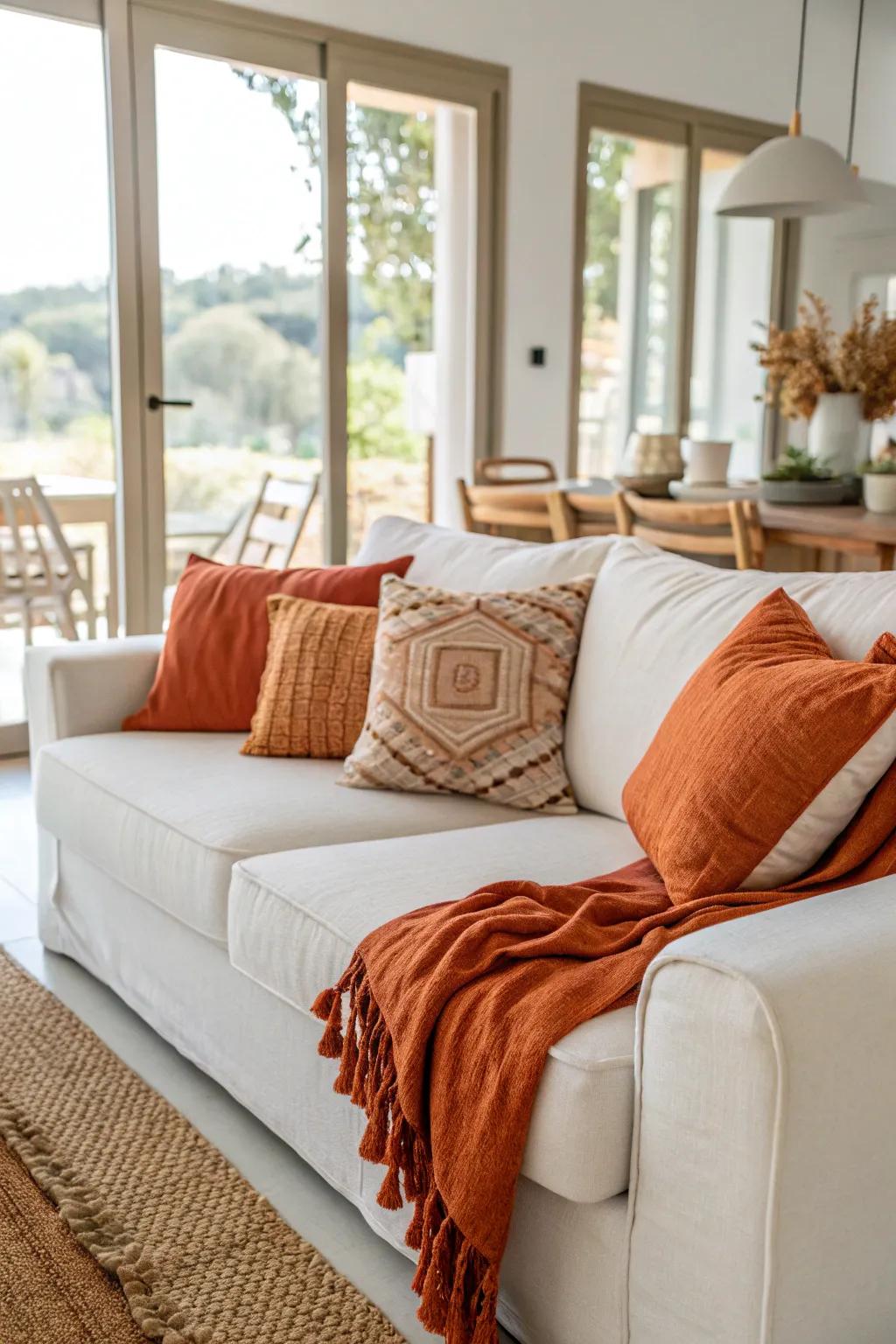 Tangerine throws add a burst of color and warmth to an ivory sofa.