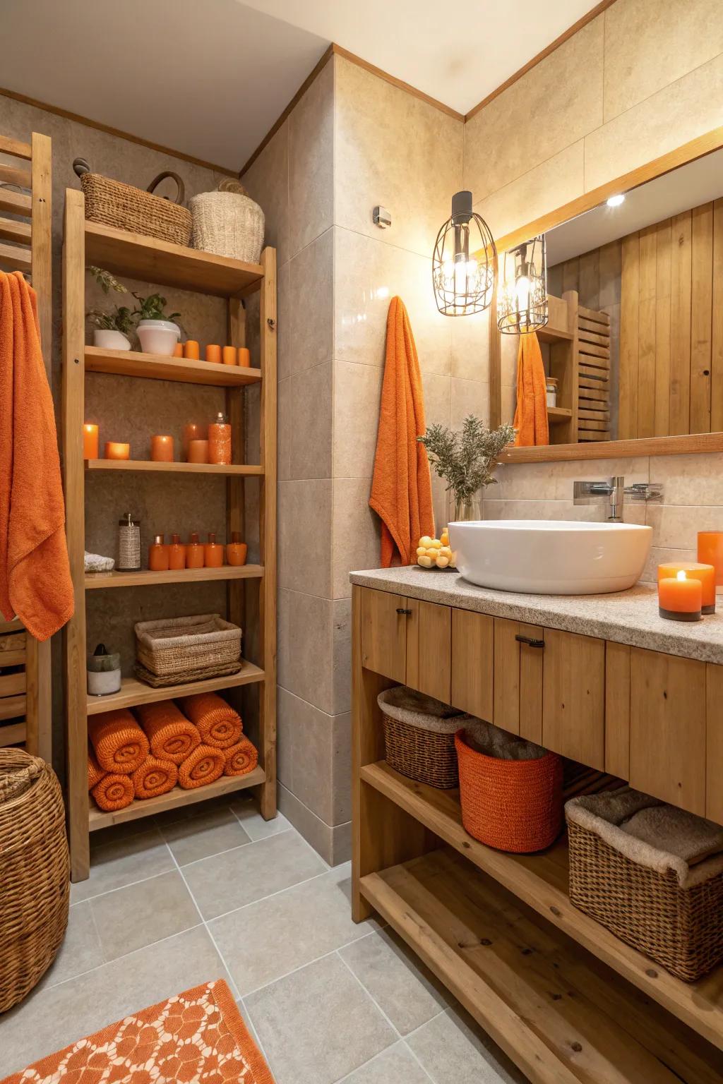 Earthy ambiance created by orange elements paired with wooden shelves.